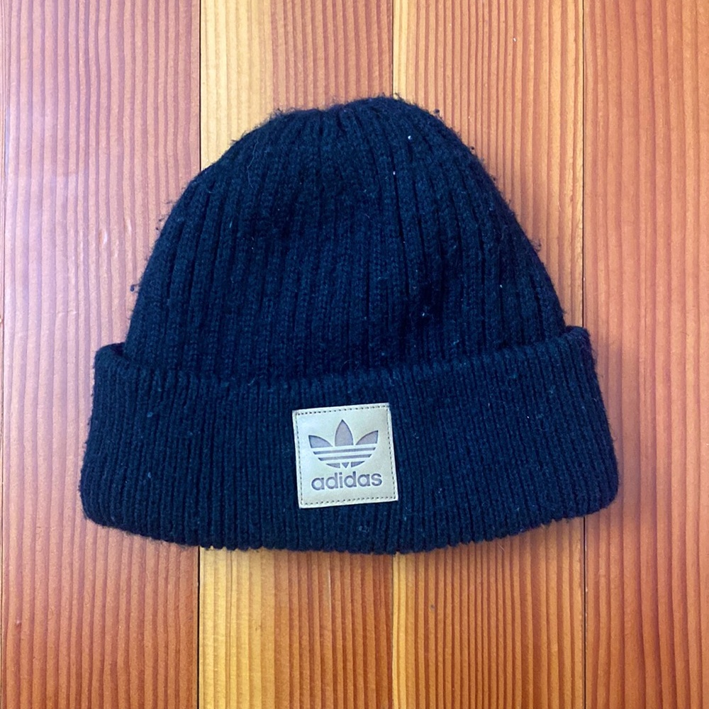 Black Adidas Beanie with Leather Logo Patch